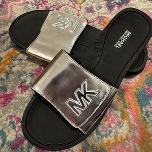 Michael Kors Silver Metallic MK Logo Slide Sandals
